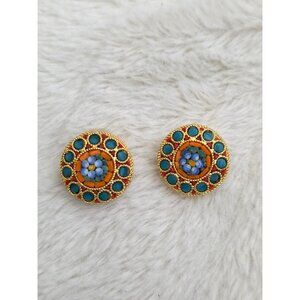 Vintage Round Micro Mosaic Clip-On Earrings With Turquoise & Orange Beads Gold-T